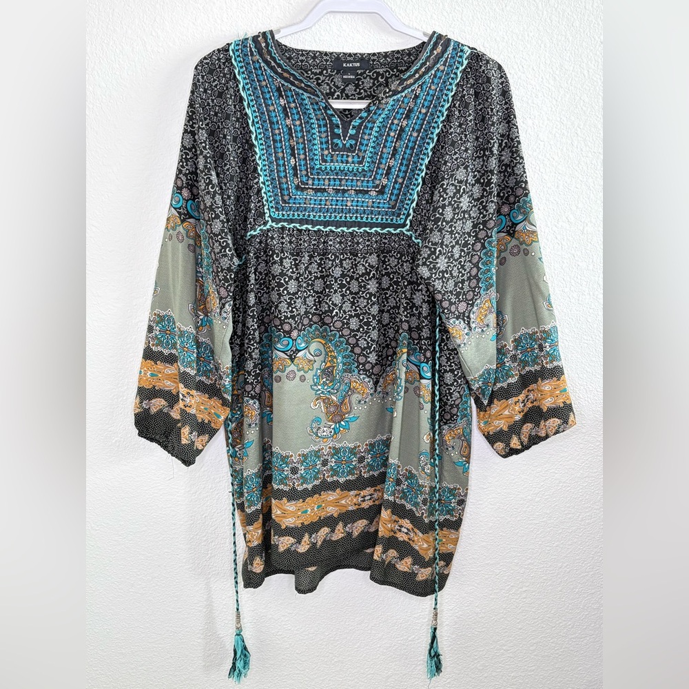 Kaktus Women's Embroidered Boho Tunic Blouse Sz L Tassel Hippie Lightweight